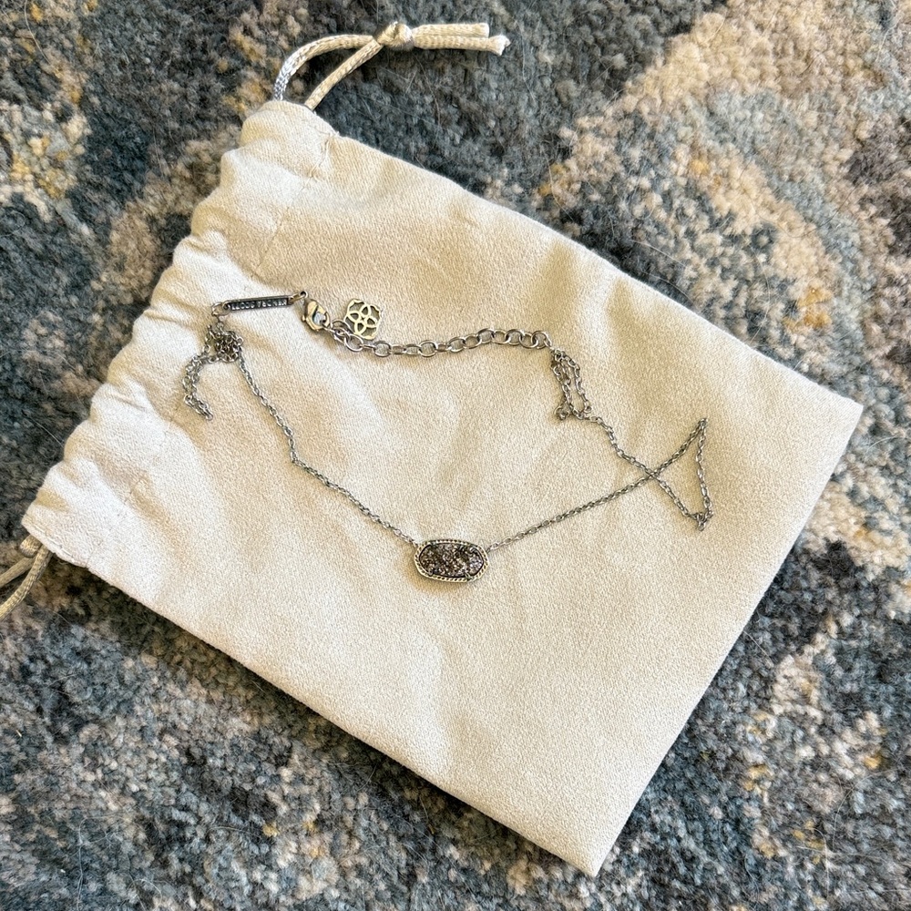 Kendra Scott Silver Necklace with Dark Drusy Grey Stone